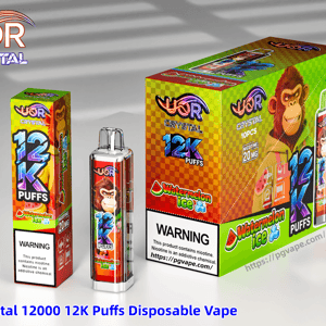 Vibrant UOR Crystal 12K Puffs watermelon ice disposable vape packaging with a monkey mascot and a bottle-shaped device.