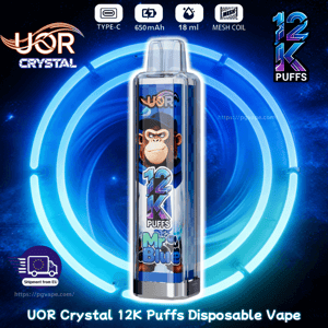 Transparent disposable vape pen branded UOR Crystal, featuring 12K Puffs Mr Blue, set against a neon backdrop.