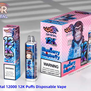 UOR Crystal 12K Puffs blueberry raspberry disposable vape packaging with a pink checkered box, gorilla mascot, and a blue bottle device.