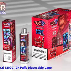 UOR Crystal 12K Puffs Cherry Cola disposable vape set with pink checkered packaging, a cartoon gorilla on the box, and a transparent device.