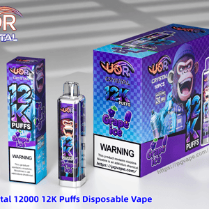 UOR Crystal 12000 12K Puffs grape ice disposable vape packaging in purple blue checkered design, featuring a monkey mascot.