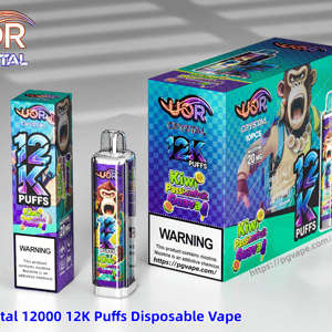 Colorful UOR Crystal 12K Puffs disposable vape packaging and device, Kiwi Passionfruit Guava flavor, with a warning label.
