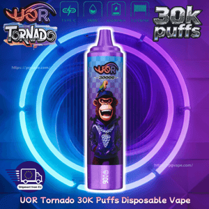 UOR Tornado 30K Puffs disposable vape bottle with a purple cap, featuring a hoodie-wearing monkey and a parrot on its shoulder against neon rings.
