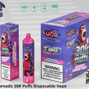UOR Tornado 30K Puffs vape box met paars geruit ontwerp, aapmascotte en Strawberry Raspberry Cherry-smaak