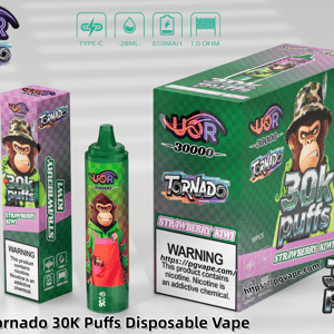 Groen geruite UOR Tornado 30K Puffs wegwerp vape-doos met een cartoonaap en een aardbei-kiwidoos