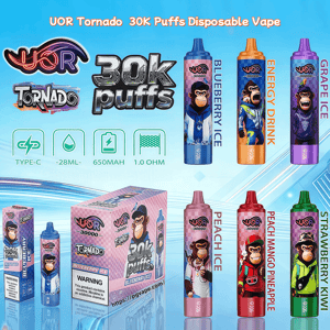 UOR Tornado 30K puft wegwerpvapes met apenkunstwerk in smaken als Blueberry Ice, Energy Drink, Grape Ice, Peach Ice en Strawberry Kiwi.
