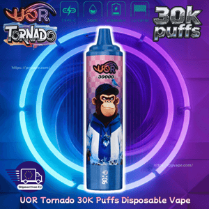 UOR Tornado 30K Puffs disposable vape with a cartoon monkey in a blue hoodie on a neon ring background.