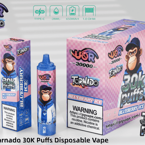 UOR Tornado 30K Puffs Blueberry Ice wegwerpvape met geruite verpakking, een aapmascotte en een apparaat met blauwe dop.