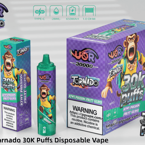 Paars geruite UOR Tornado 30K Puffs wegwerpvapeverpakking met een aapmascotte en Kiwi Passion Fruit Guava-smaak.