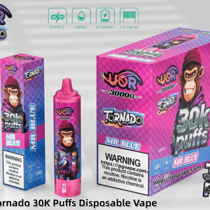 UOR Tornado 30K Puffs MR BLUE wegwerpvape-verpakking met een cartoonaap op paarsroze dozen en een roze vape-apparaat.