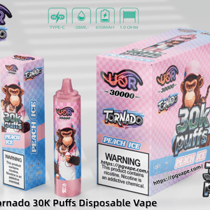 UOR Tornado 30K puft wegwerpvape in perzikijs met roze geruite verpakking en een cartoonaapmascotte.