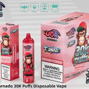 Roze geruite verpakking voor UOR Tornado 30K Puffs wegwerpvape met een cartoon aap-mascotte, aardbei-watermeloensmaak.