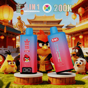 Two blue gradient vape bottles labeled 8 in 1 and 200K stand on pedestals among Angry Birds characters with a Chinese temple backdrop.