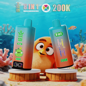 Two turquoise gradient Bang King 8 in 1 vape bottles labeled 200K, with a cartoon chick in an underwater coral backdrop.