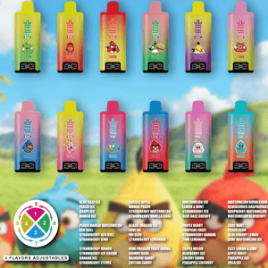Two rows of colorful gradient vape bottles with cartoon characters on the labels, arranged against a bright tropical backdrop.
