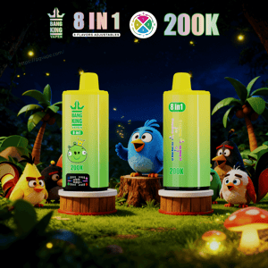 Two yellow Bang King Vape bottles with 8 in 1 flavors, 200K, on wooden pedestals, flanked by cartoon birds in a night forest.