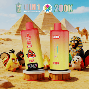 Two gradient red-yellow vape devices labeled 8 in 1 and 200K stand on pedestals in a desert with pyramids and cartoon birds