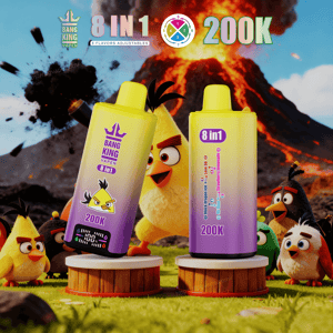 Two yellow-purple Bang King Vape bottles labeled 8 in 1 and 200K stand on wooden pedestals, with Angry Birds and an erupting volcano in the background.