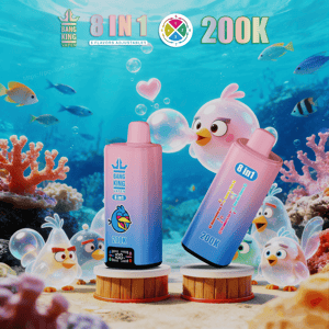 Two pink-blue vape devices on wooden pedestals underwater, labeled 8 in 1 and 200K, with colorful cartoon birds and coral reef.
