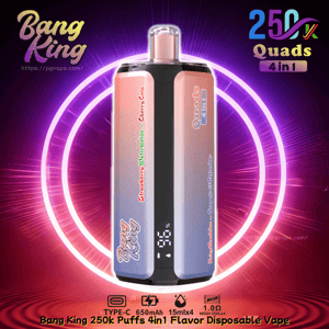 Bang King 250K Puffs Quads 4in1 disposable vape with pink-to-blue gradient body and four flavors: Strawberry Watermelon.