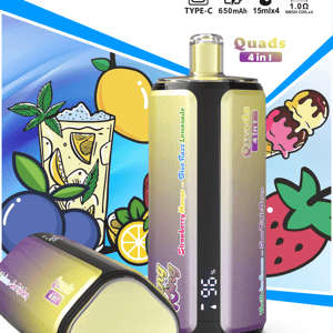 Vape mod with gradient purple to gold panels labeled Quads 4 in 1, standing upright next to a yellow e-liquid bottle, set against a vivid fruit and dessert illustration.