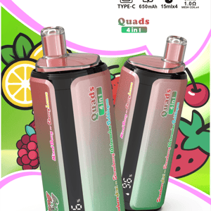 Three pink-topped vape pens with green gradient bodies labeled Quads 4 in 1, set against a background and Bang King logo