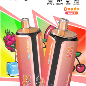 Two pink Bang King Quad 4-in-1 vape devices with 650mAh batteries and 15ml x4 e-liquid, set against a colorful background.