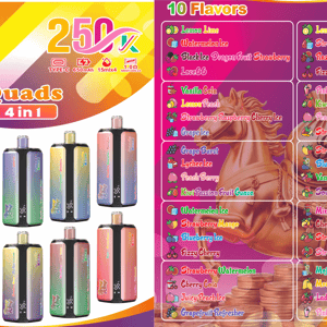 Bright Bang King Quads 4 in 1 banner with colorful bottles and a right-side panel listing 10 flavors.