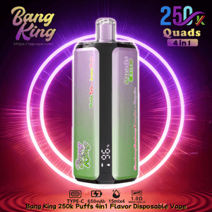 Two-tone green Bang King 250K Puffs 4in1 flavor disposable vape with labeled sides set against a neon purple ring backdrop