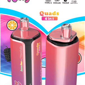Two pink gradient quad vape devices in front of vibrant packaging with Bang King logo and Quads 4 in 1.