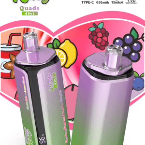 Two purple-to-green gradient vape devices with fruit-themed packaging against a pink fruit graphic and Bang King Quads 4 in 1 logo.