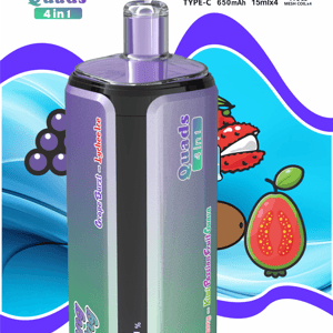 Gradient purple-to-green vape mod with a purple tank and display labeled Quads 4 in 1, shown with fruit graphics.