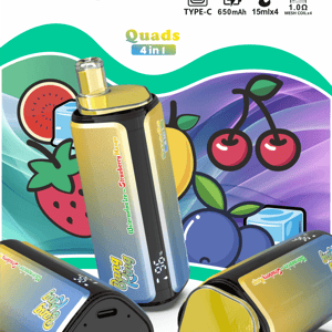 Bang King Quads 4 in 1 vape kit packaging featuring four colorful pod devices and fruit graphics.