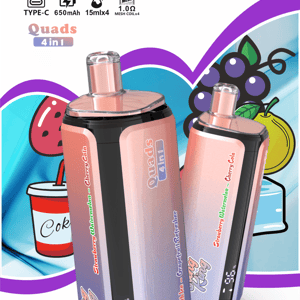 Two pink gradient vape pens with rose-gold mouthpieces in front of fruit-themed packaging reading Quads 4 in 1 and Bang King.