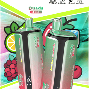 Bang King Quads 4in1 pod vape with lime-pink gradient bodies, two devices shown amid bright fruit graphics.