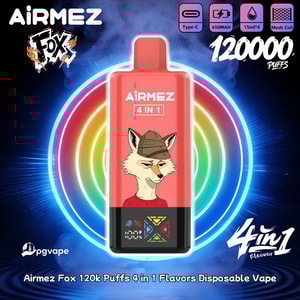 Röd Airmez Fox 4 i 1 engångsvapeflaska med en tecknad räv som bär hatt, med neonregnbågsringar i bakgrunden.