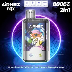 Airmez Fox engångsvape med ett färgglatt rävkonstverk på skärmen och en botten digital display mot ett neonlila sken.