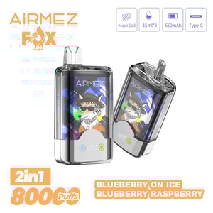 AiRMEZ Fox 2in1 vape med färgglada rävkonstverk, två baljor, 800 puffar; Blueberry on Ice och Blueberry Raspberry smaker.