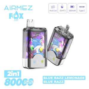 Två AirmEZ Fox vape-enheter med blue fox-konstverk på lila paneler; 2in1, 800 puffar, Blue Razz Lemonade.
