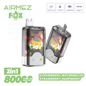 Två AiRMEZ Fox 2-i-1 podvapes med färgglada rävkonstverk, en upprätt och en lutad; 800 puffar och smaker av jordgubbsvattenmelon.