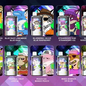 Färgglada vapejuiceflaskor med tecknade djurbakgrunder och smaketiketter som Strawberry Watermelon, Blue Razz och Peach Ice.
