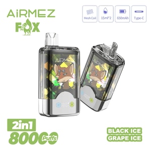 AiRMEZ Fox 2-i-1 vape med en färgglad rävillustration på en klar kapsel, Black Ice Grape Ice-smak, 800 puffar.