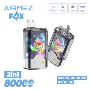 AirMEZ Fox 2-i-1 engångsvape med rävkonstverk, smak MIXED BERRIES DR BLUE, 800 puffar, 650mAh, mesh-spole, Type-C