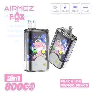AiRMEZ FOX 2in1 vape med två genomskinliga kapslar, färgglada konstverk, mesh-spole, 800 puffar, Peach Ice Mango Peach-smak.