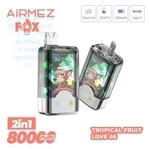 Två Airmez Fox vape-enheter med en färgglad etikett som visar en tecknad hund; 2-i-1, 800 puffar, Tropical Fruit Love 66.