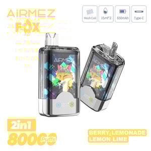 Två AiRMEZ Fox pod vape-enheter med färgglada rävkonstverk, märkta 2in1 800 puffar och Berry Lemonade Lemon Lime smak.