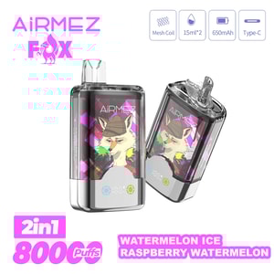 AiRMEZ Fox 2-i-1 vape-enheter med rävkonstverk, 800 puffar, Vattenmelon Ice Hallon Vattenmelon smak.