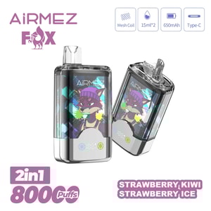 Två kompakta vape-enheter med lila rävkonstverk på panelerna, AiRMEZ FOX-märke, 2in1 800 puffar, smak Strawberry Kiwi/Strawberry Ice.