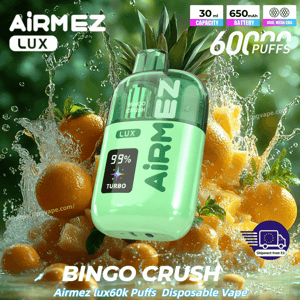 Miętowo-zielony jednorazowy waporyzator Airmez Lux Bingo Crush, 60 zaciągnięć, pośród tryskających pomarańczy i świeżej zieleni.