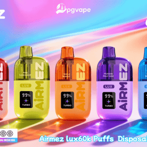 Pięć kolorowych jednorazowych waporyzatorów Airmez Lux w kilku smakach na gradientowym tle; 30 ml, 650 mAh, podwójna cewka siatkowa.
